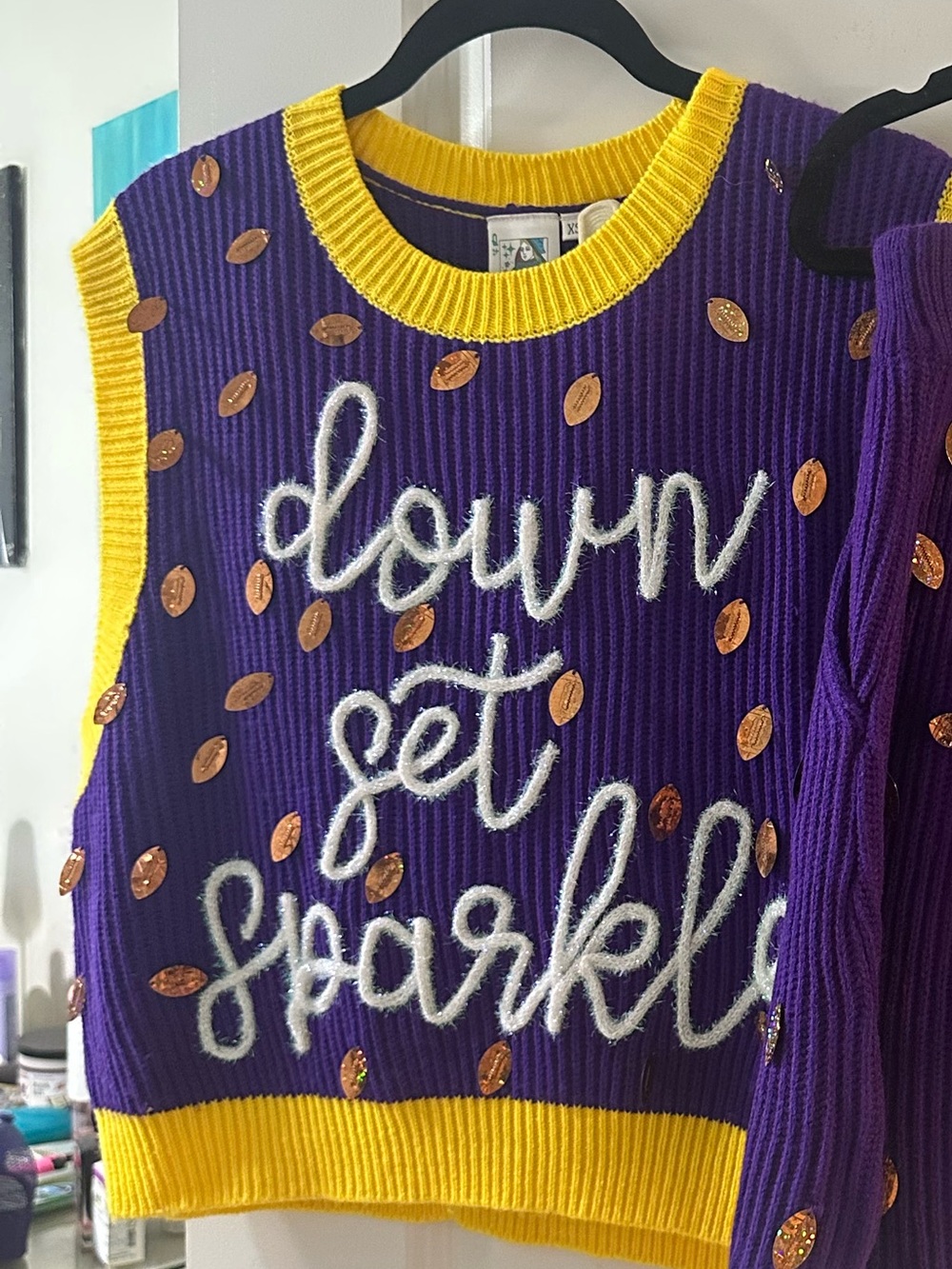Queen of Sparkles Purple & Yellow 'Down Set Sparkle' Sequin Sweater Vest